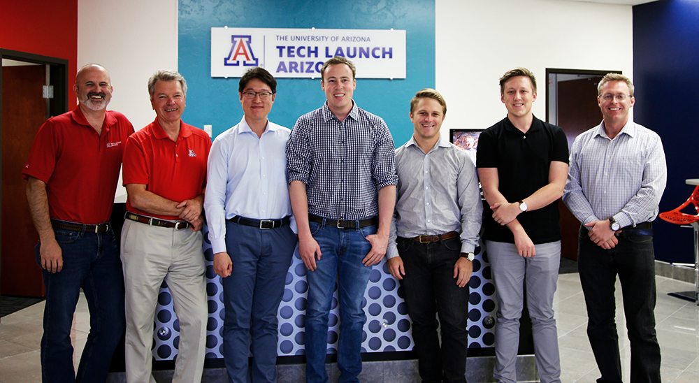 From left: Doug Hockstad, Tech Launch Arizona senior director of technology transfer; David Allen, vice president of TLA; Kwansun Ahn, Anivive CEO; Dylan Balsz, Anivive co-founder; Codey Arbuckle, Anivive director of engineering; Warren Rickard, Anivive c From left: Doug Hockstad, Tech Launch Arizona senior director of technology transfer; David Allen, vice president of TLA; Kwansun Ahn, Anivive CEO; Dylan Balsz, Anivive co-founder; Codey Arbuckle, Anivive director of engineering; Warren Rickard, Anivive c